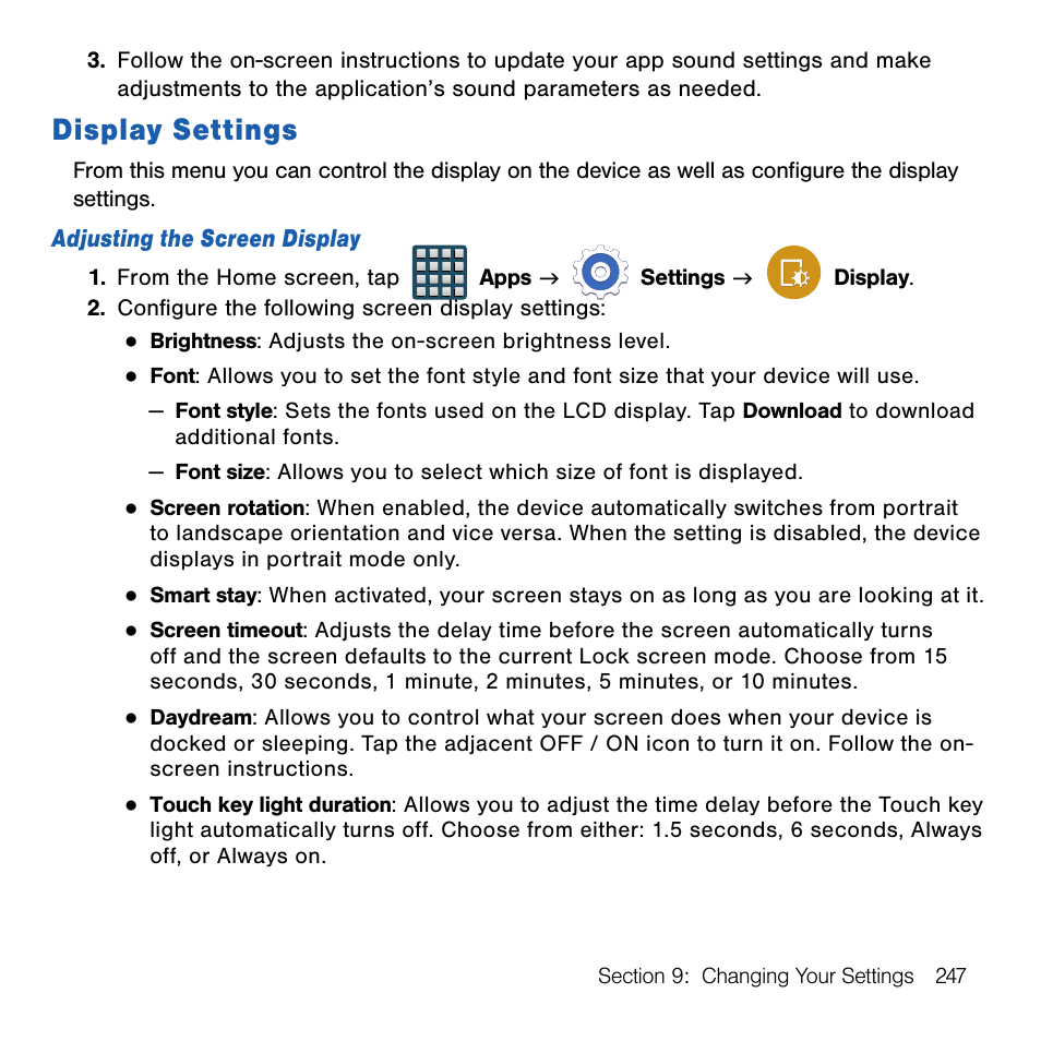 Display settings | Samsung SM-G386TZKATMB User Manual | Page 247 / 313