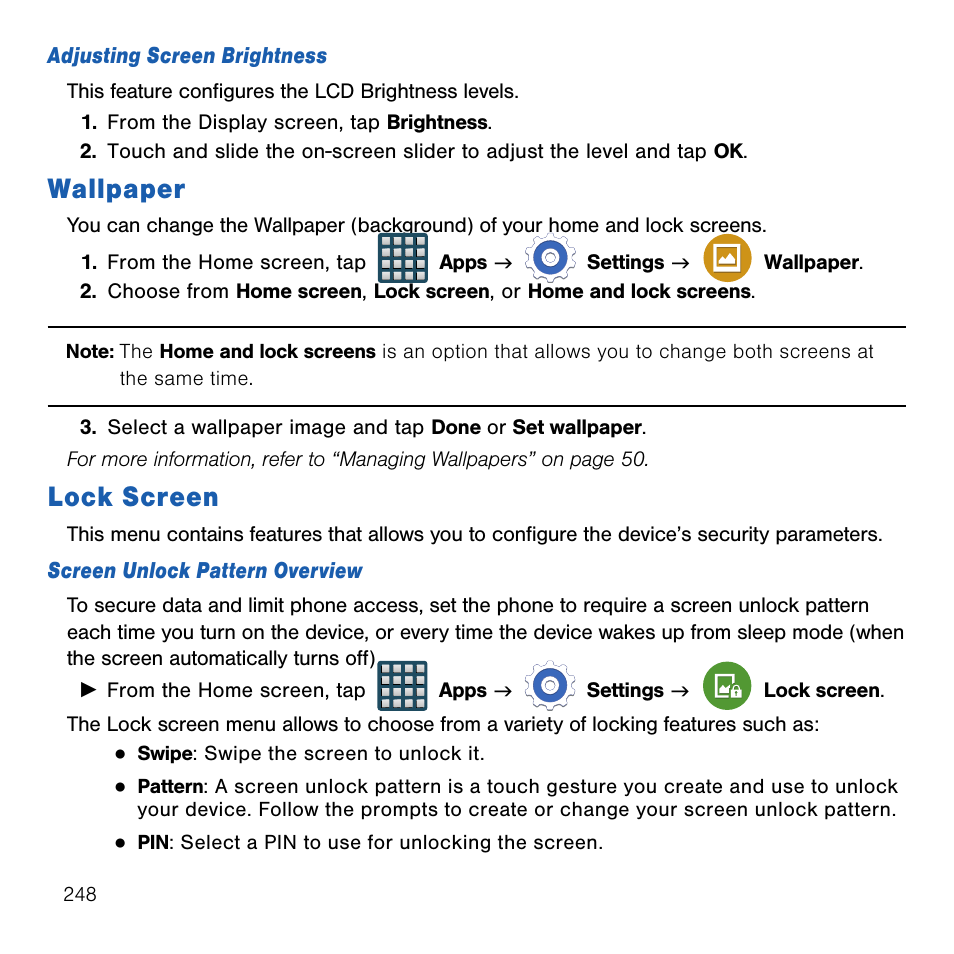 Wallpaper, Lock screen, Wallpaper lock screen | Samsung SM-G386TZKATMB User Manual | Page 248 / 313