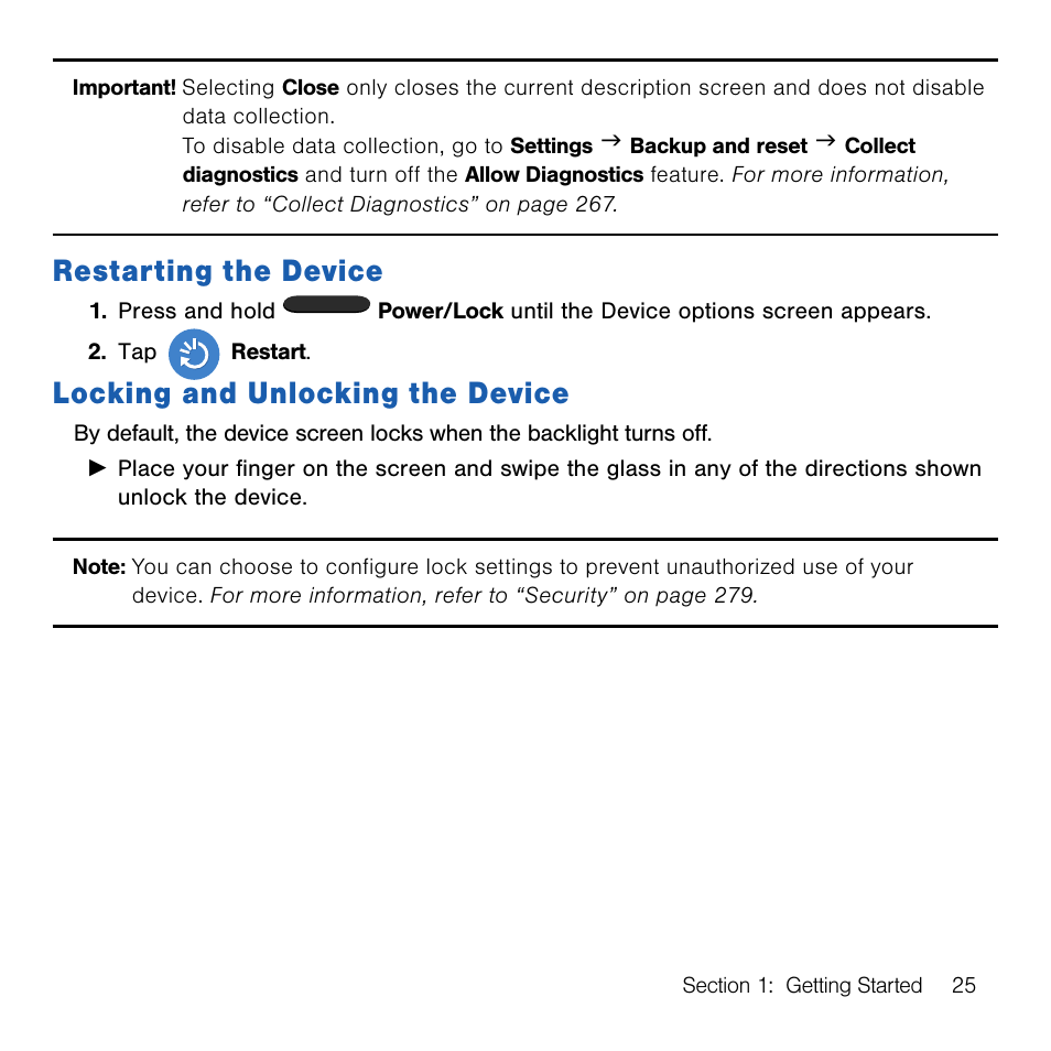 Restarting the device, Locking and unlocking the device, Restarting the device locking and unlocking the | Device | Samsung SM-G386TZKATMB User Manual | Page 25 / 313