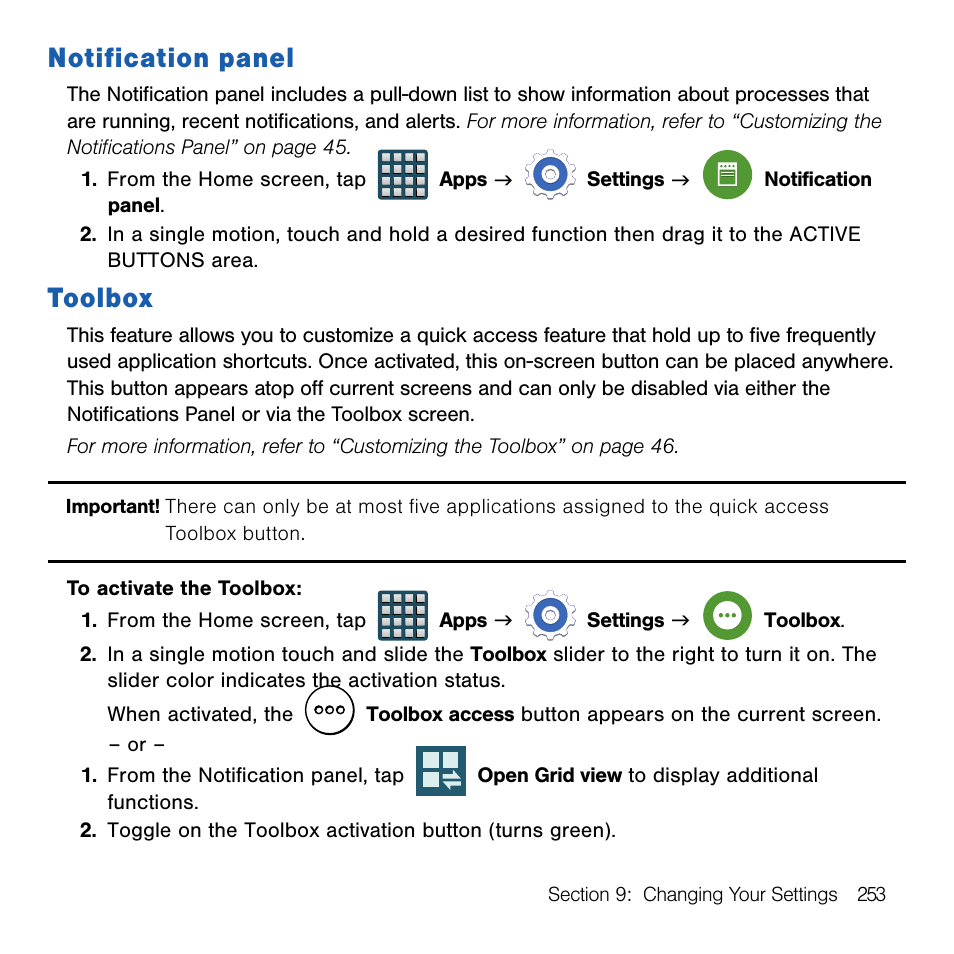 Notification panel, Toolbox, Notification panel toolbox | Samsung SM-G386TZKATMB User Manual | Page 253 / 313