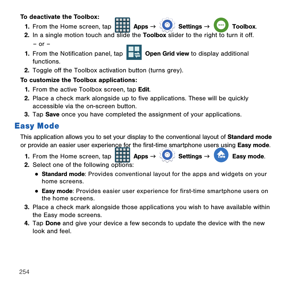 Easy mode | Samsung SM-G386TZKATMB User Manual | Page 254 / 313