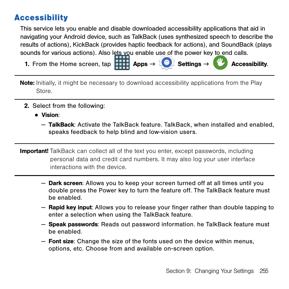 Accessibility | Samsung SM-G386TZKATMB User Manual | Page 255 / 313