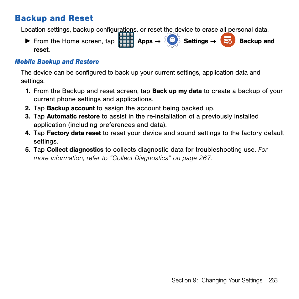 Backup and reset | Samsung SM-G386TZKATMB User Manual | Page 263 / 313