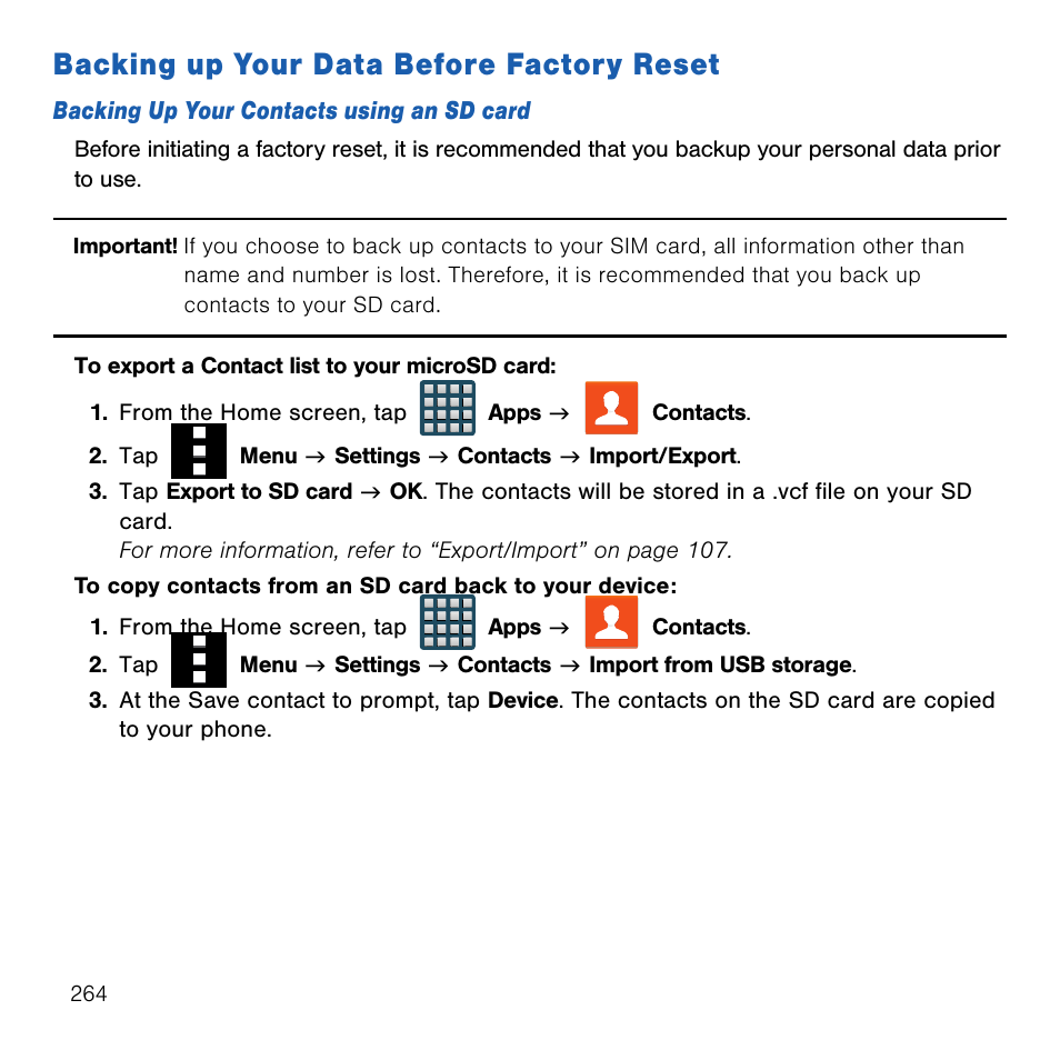 Backing up your data before factory reset, Backing up your data before, Factory reset | Samsung SM-G386TZKATMB User Manual | Page 264 / 313