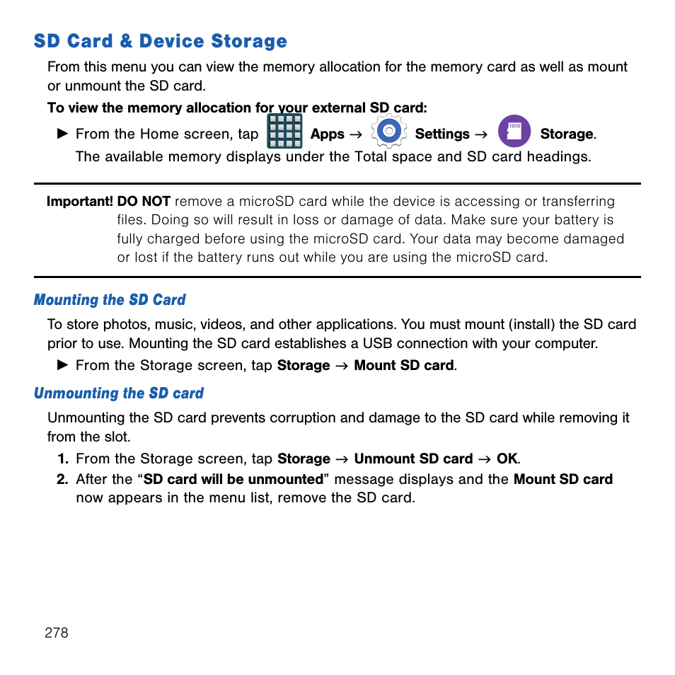 Sd card & device storage | Samsung SM-G386TZKATMB User Manual | Page 278 / 313