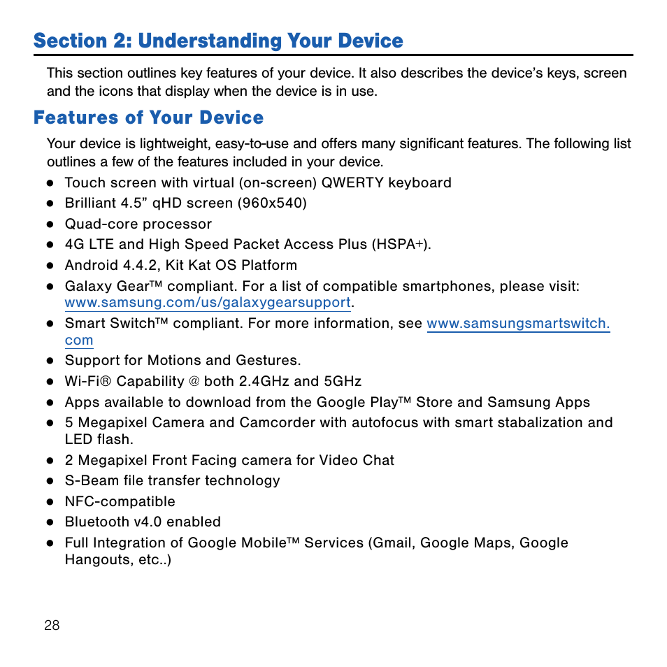 Section 2: understanding your device, Features of your device, Section 2: understanding your | Device | Samsung SM-G386TZKATMB User Manual | Page 28 / 313