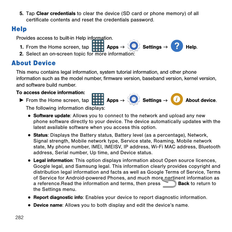 Help, About device, Help about device | Samsung SM-G386TZKATMB User Manual | Page 282 / 313