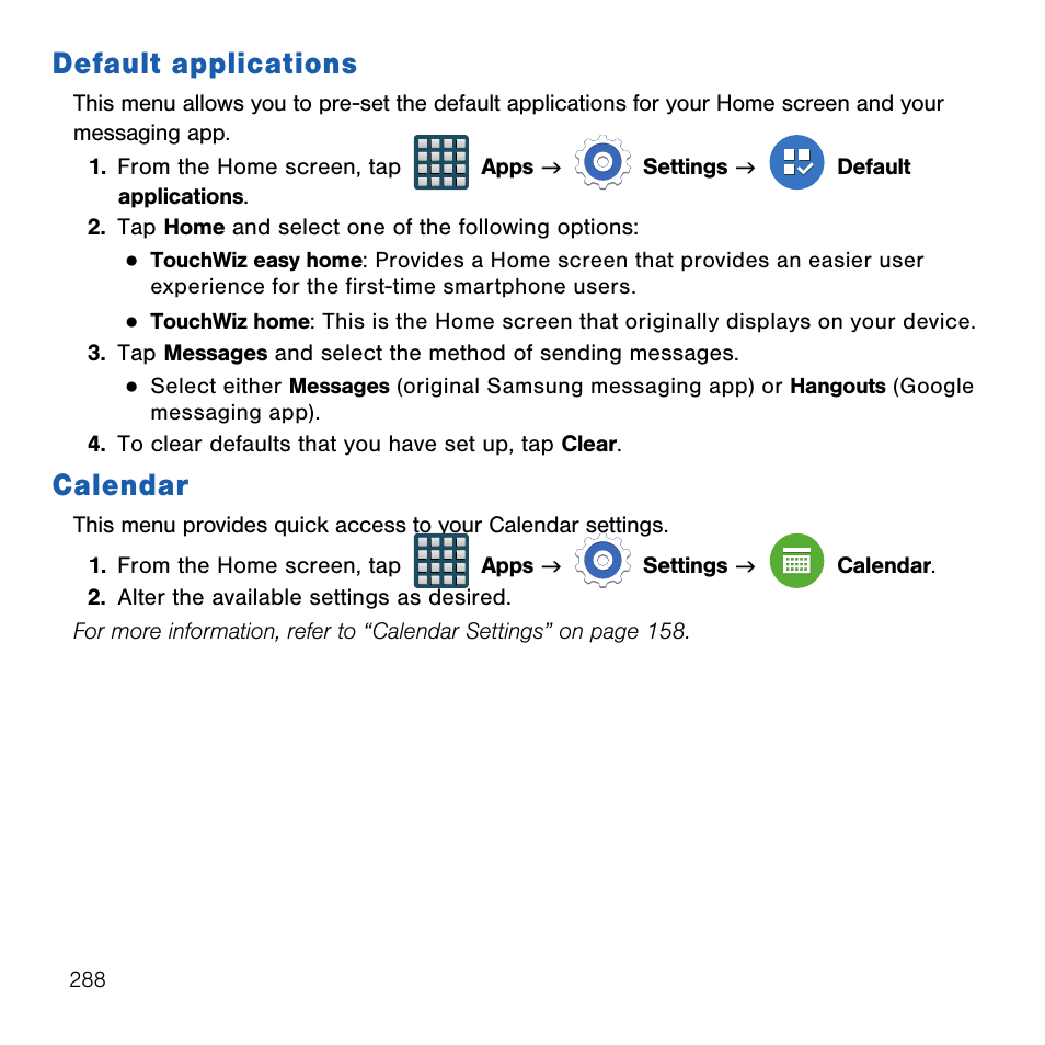 Default applications, Calendar, Default applications calendar | Samsung SM-G386TZKATMB User Manual | Page 288 / 313