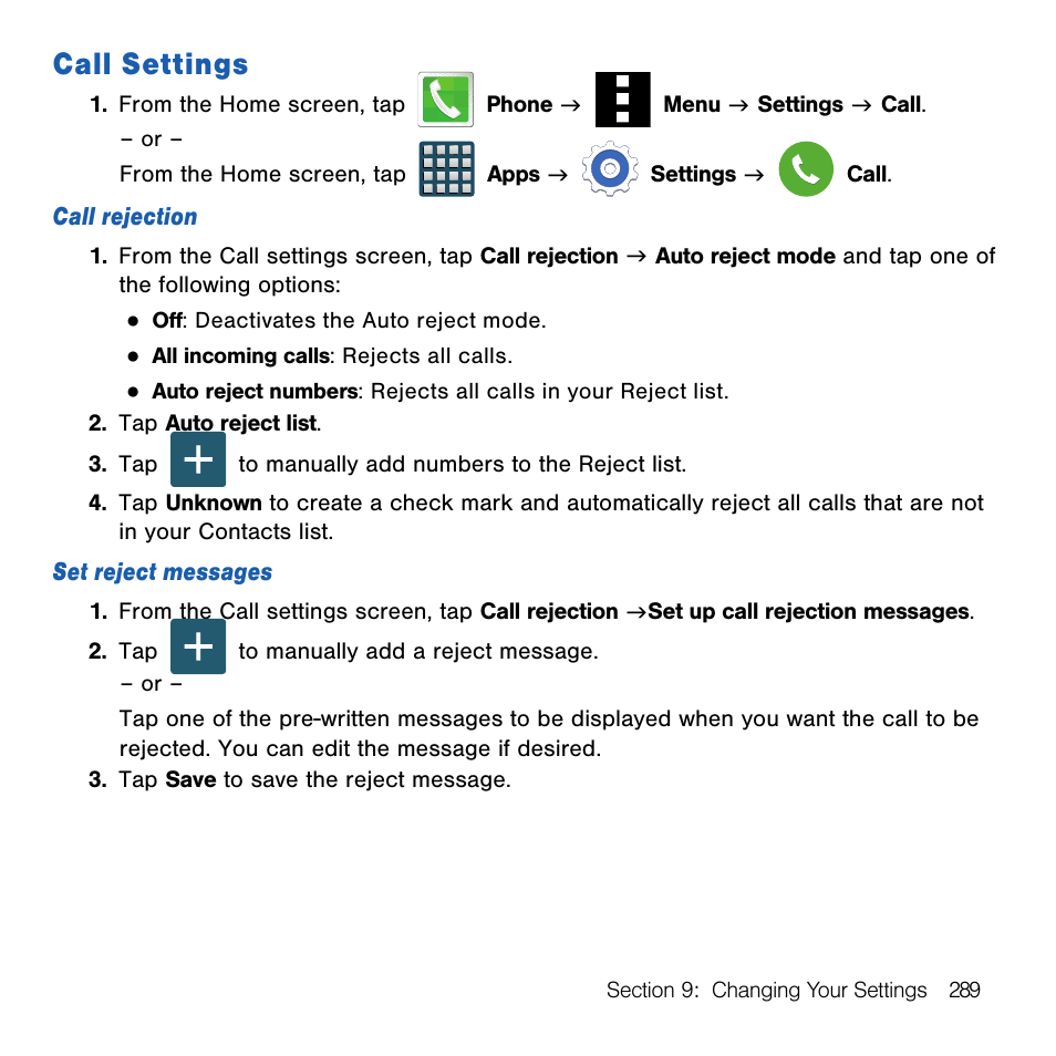 Call settings | Samsung SM-G386TZKATMB User Manual | Page 289 / 313