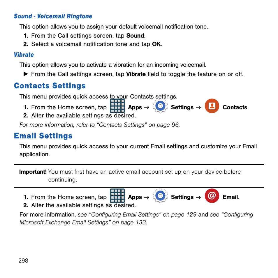 Contacts settings, Email settings, Contacts settings email settings | Samsung SM-G386TZKATMB User Manual | Page 298 / 313