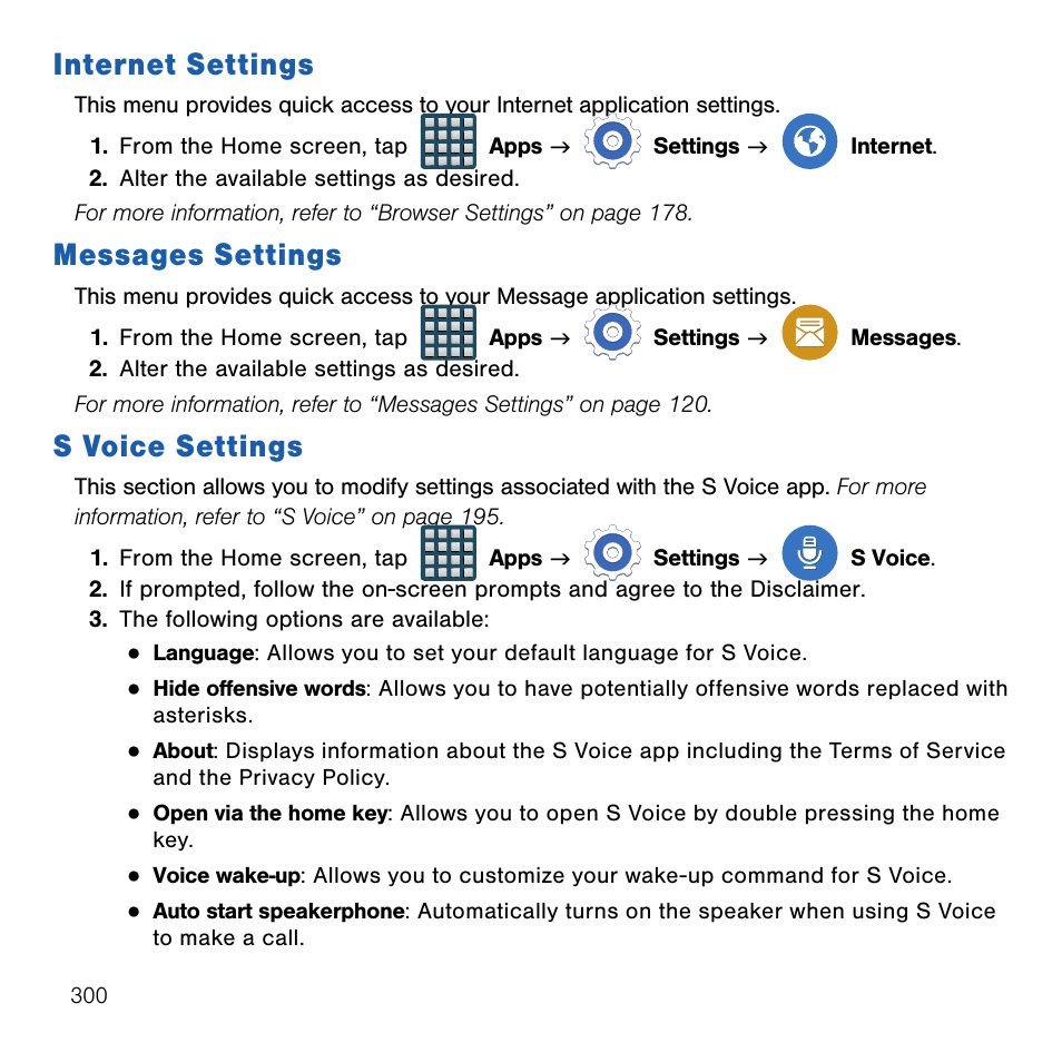 Internet settings, Messages settings, S voice settings | Samsung SM-G386TZKATMB User Manual | Page 300 / 313