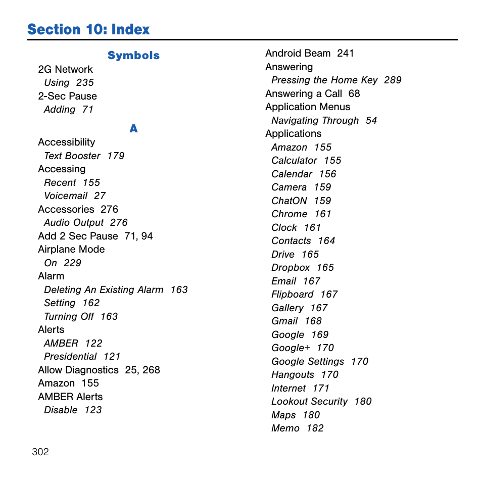 Section 10: index | Samsung SM-G386TZKATMB User Manual | Page 302 / 313