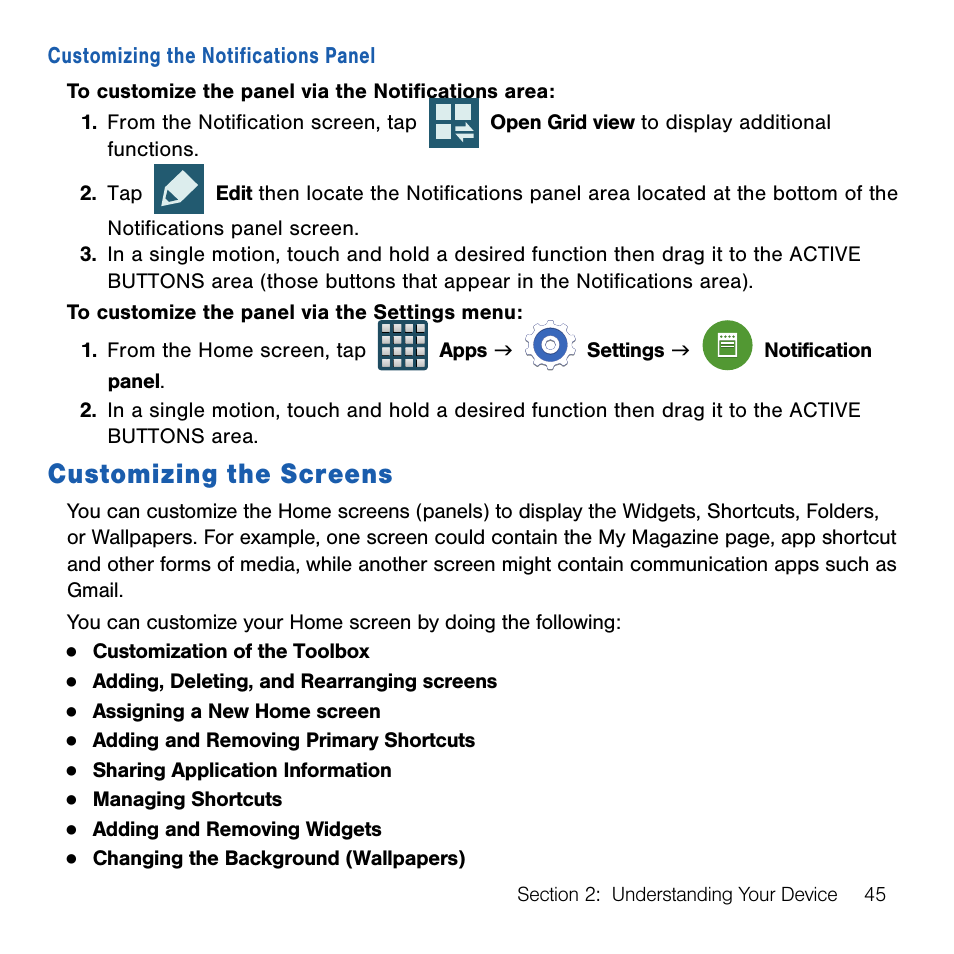 Customizing the screens | Samsung SM-G386TZKATMB User Manual | Page 45 / 313