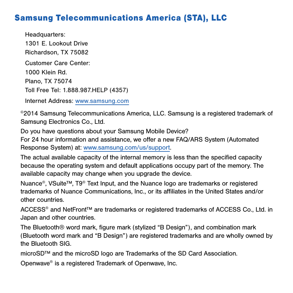 Samsung telecommunications america (sta), llc | Samsung SM-G386TZKATMB User Manual | Page 5 / 313