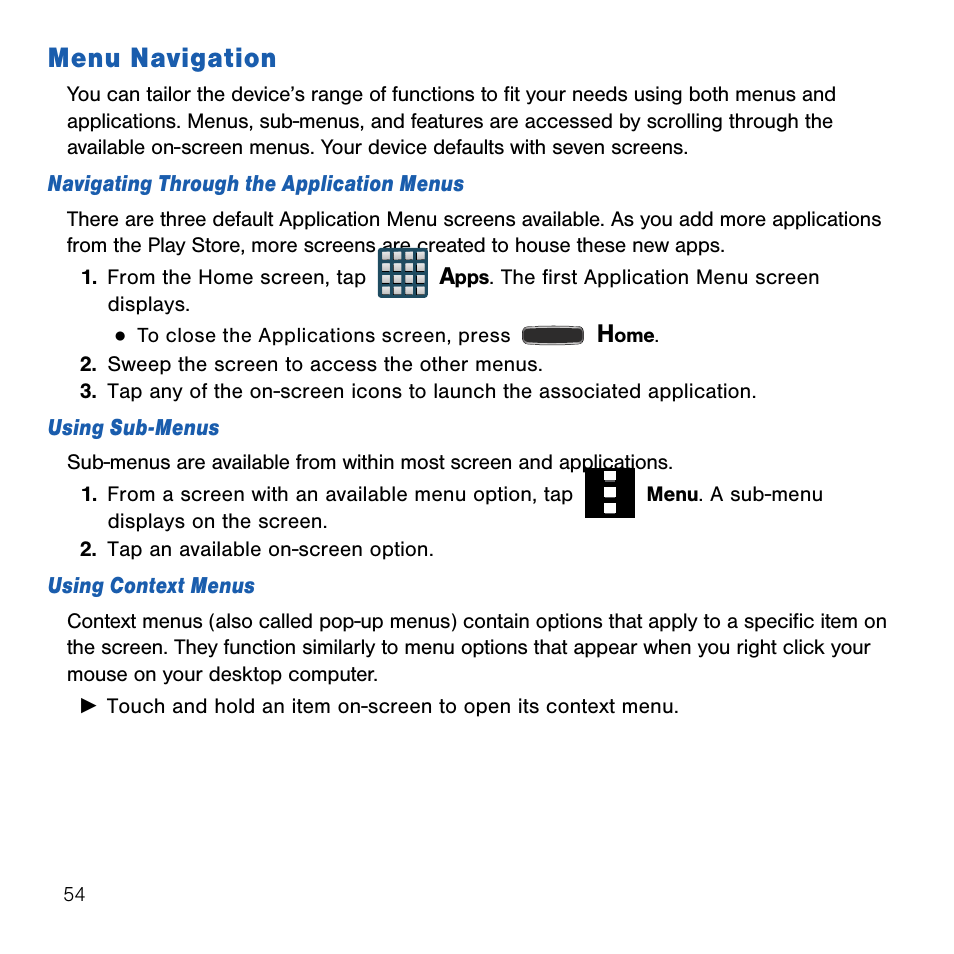 Menu navigation | Samsung SM-G386TZKATMB User Manual | Page 54 / 313