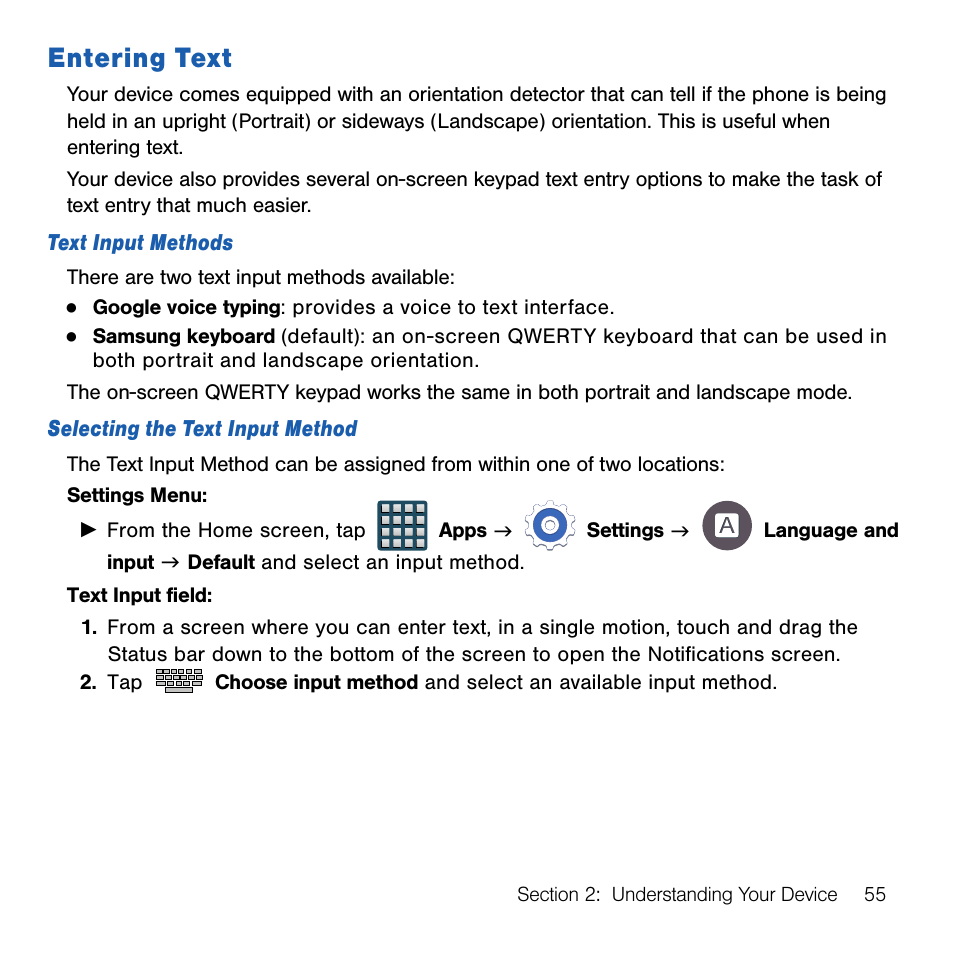 Entering text | Samsung SM-G386TZKATMB User Manual | Page 55 / 313