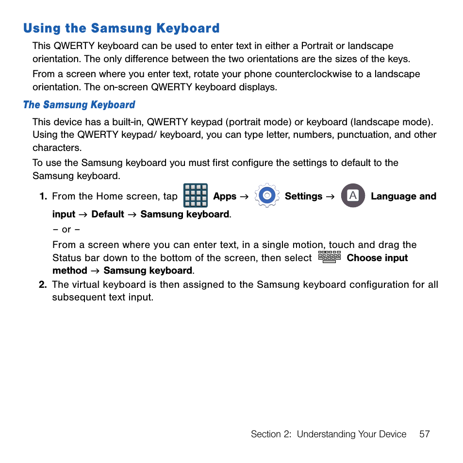 Using the samsung keyboard | Samsung SM-G386TZKATMB User Manual | Page 57 / 313