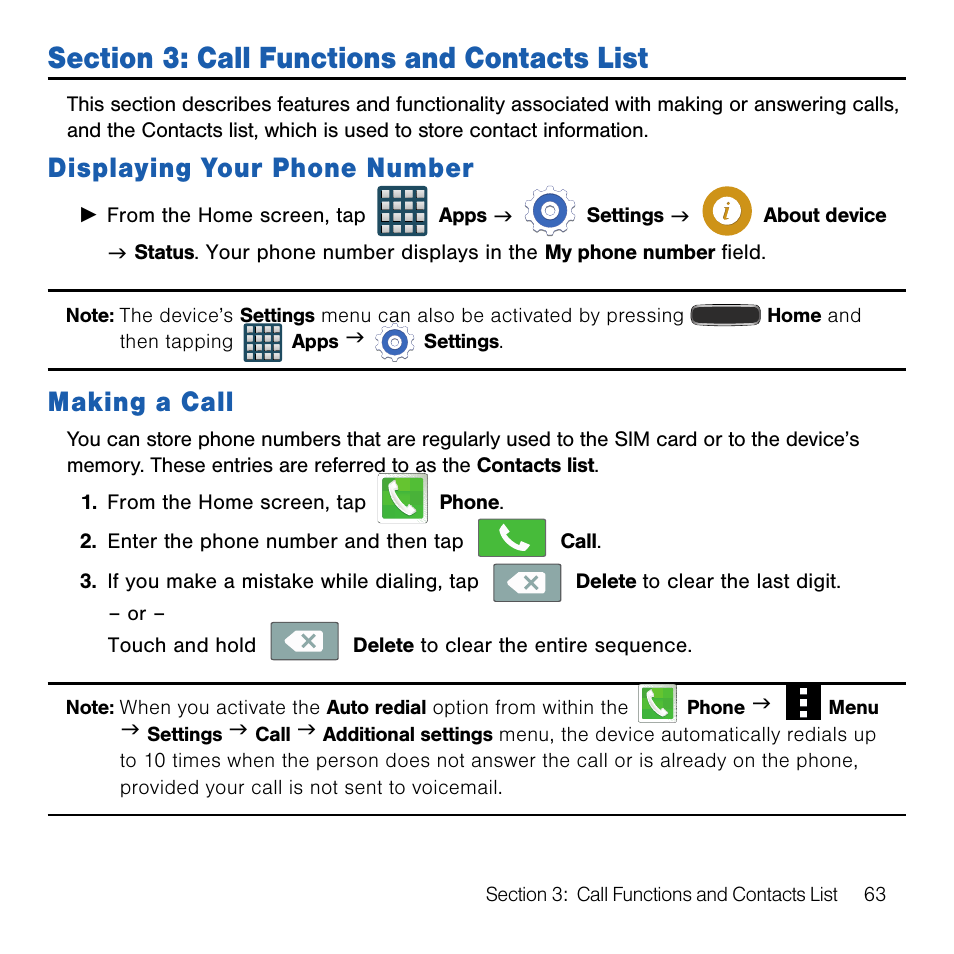 Section 3: call functions and contacts list, Displaying your phone number, Making a call | Section 3: call functions and, Contacts list, Displaying your phone number making a call | Samsung SM-G386TZKATMB User Manual | Page 63 / 313