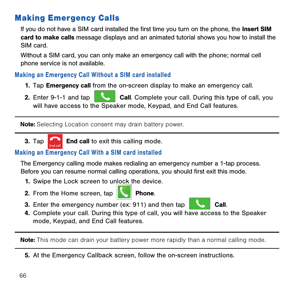 Making emergency calls | Samsung SM-G386TZKATMB User Manual | Page 66 / 313
