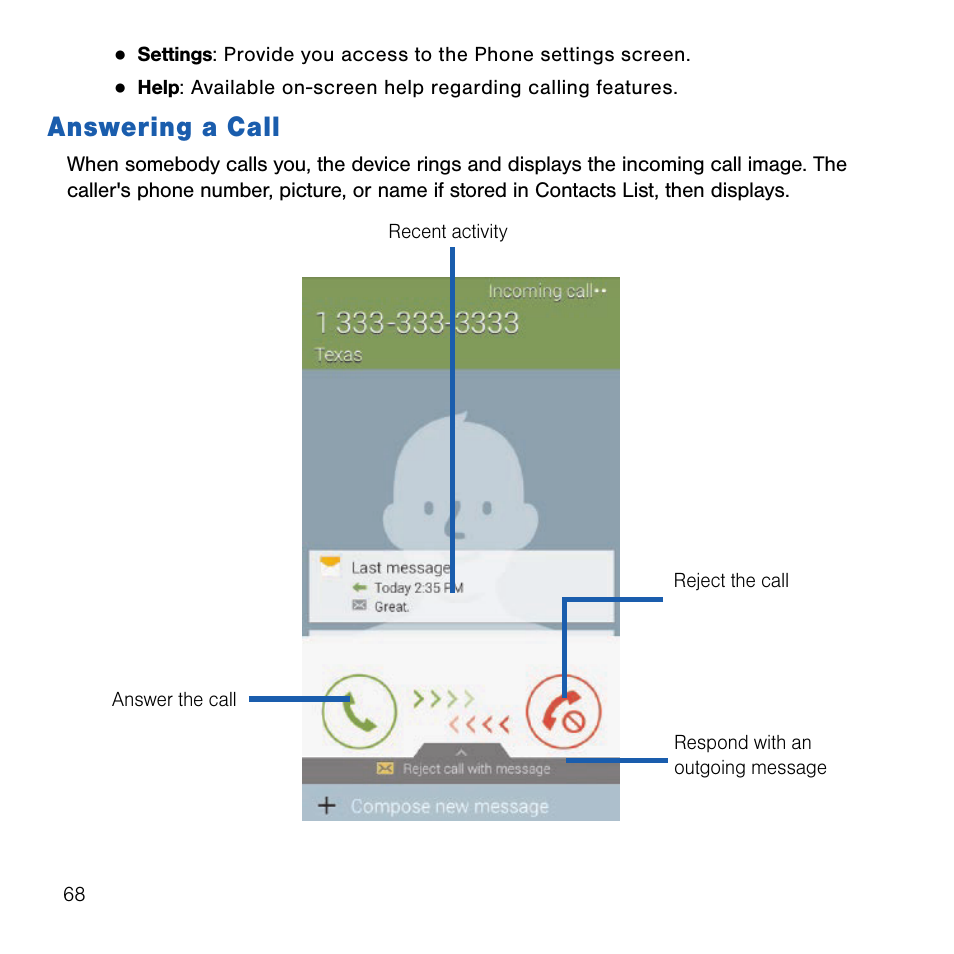 Answering a call | Samsung SM-G386TZKATMB User Manual | Page 68 / 313