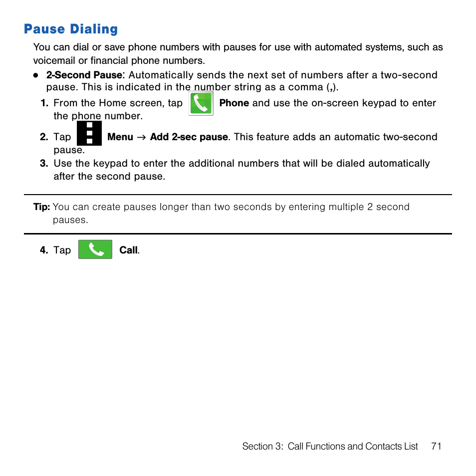 Pause dialing | Samsung SM-G386TZKATMB User Manual | Page 71 / 313