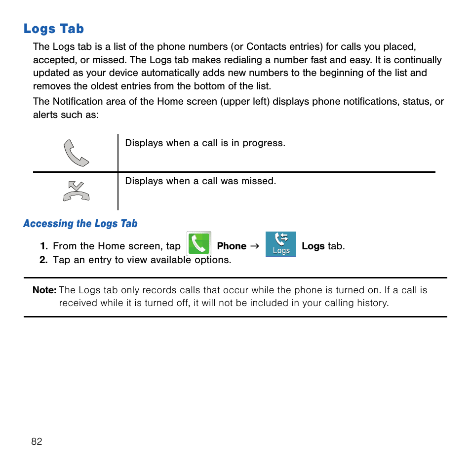 Logs tab | Samsung SM-G386TZKATMB User Manual | Page 82 / 313