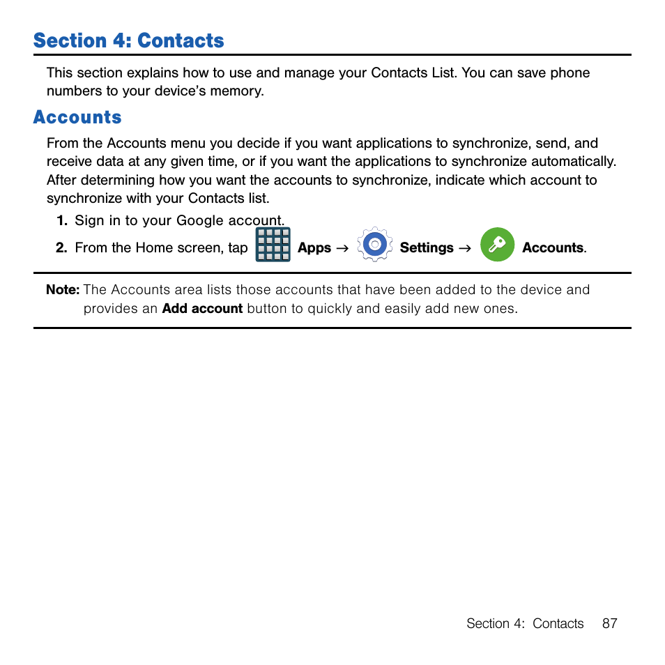 Section 4: contacts, Accounts | Samsung SM-G386TZKATMB User Manual | Page 87 / 313