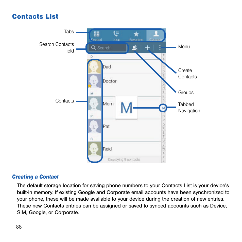 Contacts list | Samsung SM-G386TZKATMB User Manual | Page 88 / 313