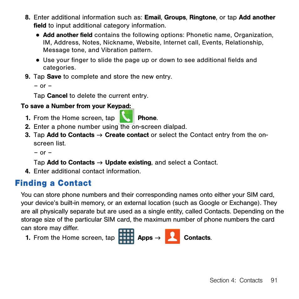 Finding a contact | Samsung SM-G386TZKATMB User Manual | Page 91 / 313