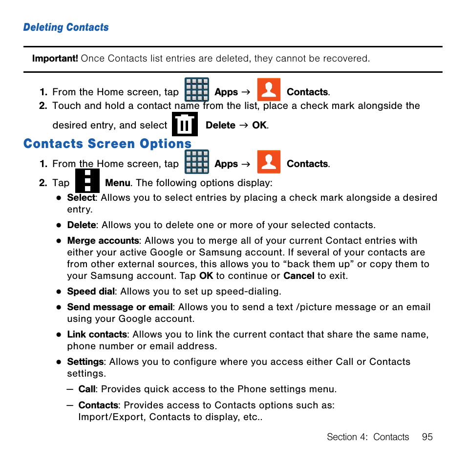 Contacts screen options | Samsung SM-G386TZKATMB User Manual | Page 95 / 313