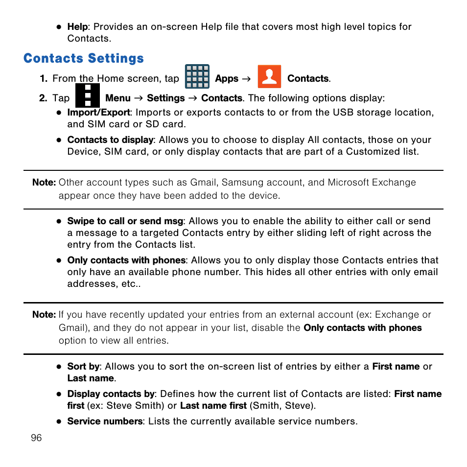 Contacts settings | Samsung SM-G386TZKATMB User Manual | Page 96 / 313