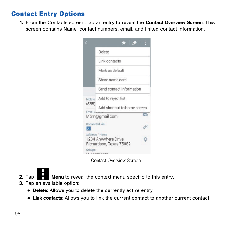 Contact entry options | Samsung SM-G386TZKATMB User Manual | Page 98 / 313