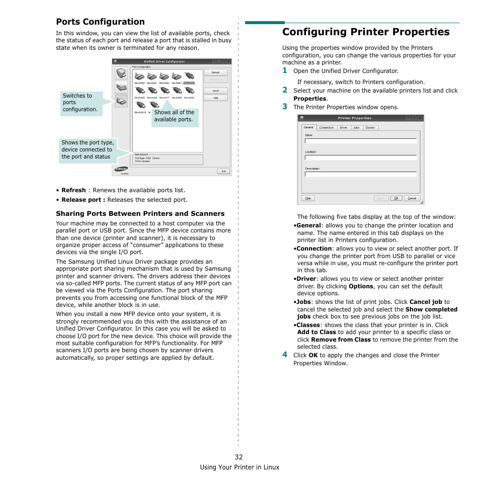 Ports configuration, Configuring printer properties | Samsung SCX-4500W-XAA User Manual | Page 100 / 112