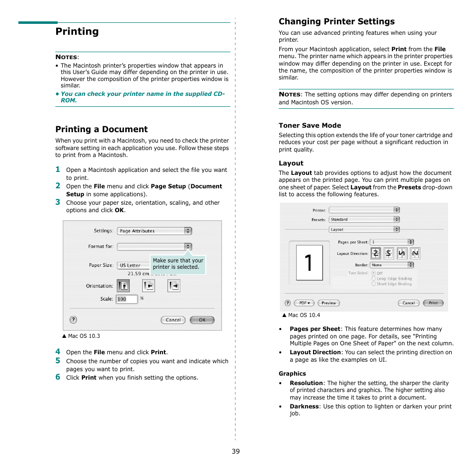 Printing, Printing a document, Changing printer settings | Printing a document changing printer settings | Samsung SCX-4500W-XAA User Manual | Page 107 / 112