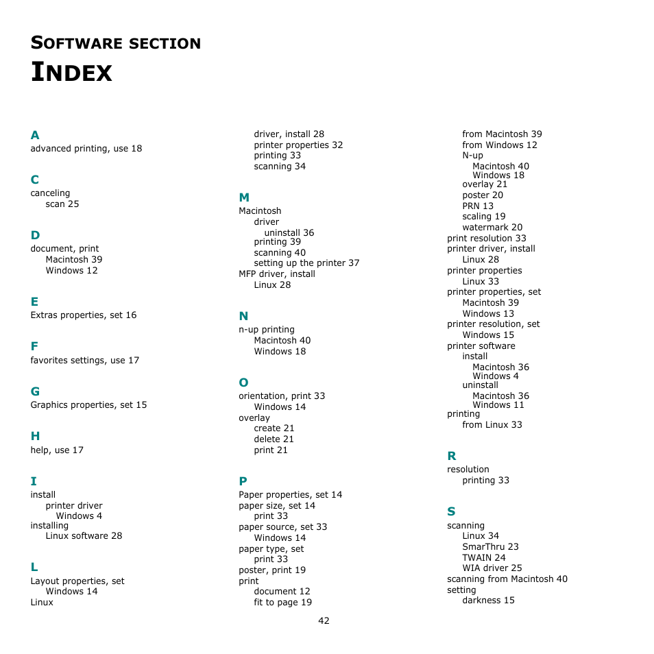 Software section index, Ndex, Oftware | Samsung SCX-4500W-XAA User Manual | Page 110 / 112
