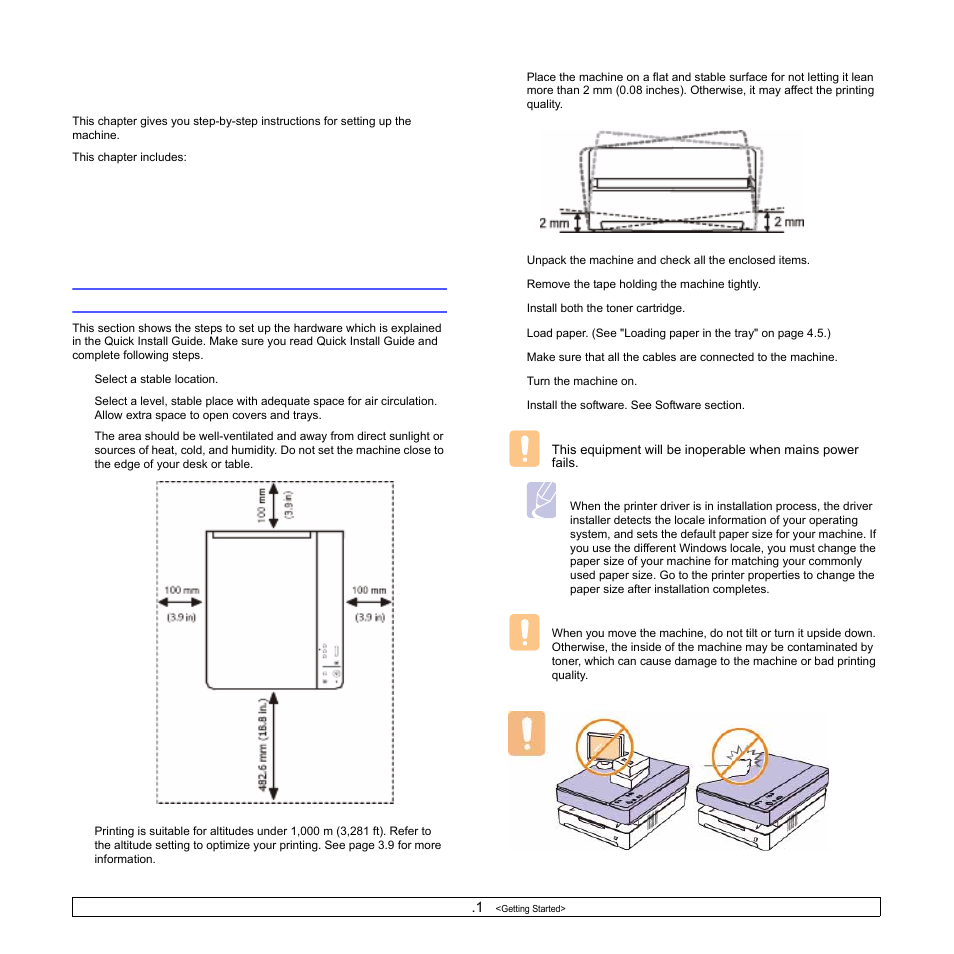 Getting started, Setting up the hardware | Samsung SCX-4500W-XAA User Manual | Page 22 / 112