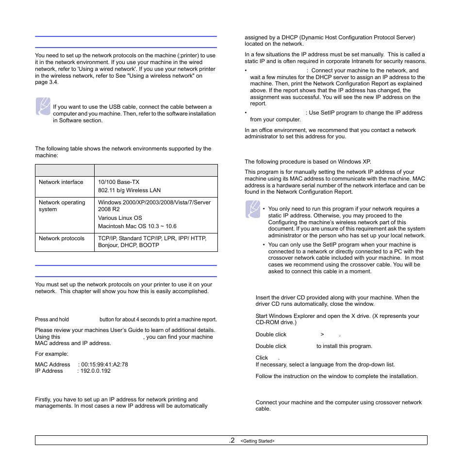 Setting up the network, Supported network environments, Using a wired network | Printing configuration report, Setting ip address, Printing configuration report setting ip address | Samsung SCX-4500W-XAA User Manual | Page 23 / 112