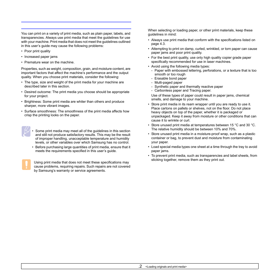 Selecting print media, Guidelines for selecting and storing print media | Samsung SCX-4500W-XAA User Manual | Page 32 / 112