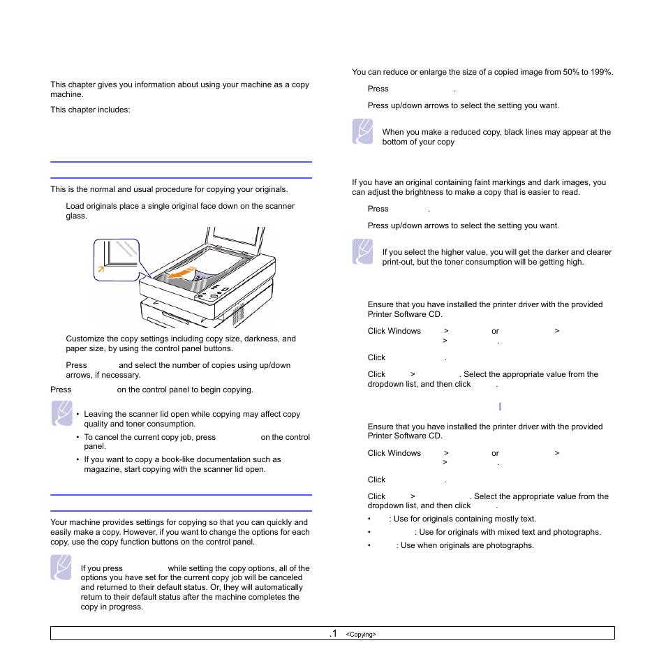 Copying, Copying originals, Changing the settings for each copy | Reducing or enlarging copies, Changing the darkness, Setting the paper size, Selecting the type of original | Samsung SCX-4500W-XAA User Manual | Page 37 / 112
