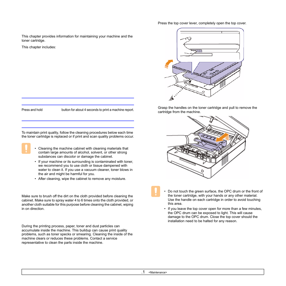 Maintenance, Printing a machine report, Cleaning your machine | Cleaning the outside, Cleaning the inside, Printing a machine report cleaning your machine, Cleaning the outside cleaning the inside | Samsung SCX-4500W-XAA User Manual | Page 41 / 112