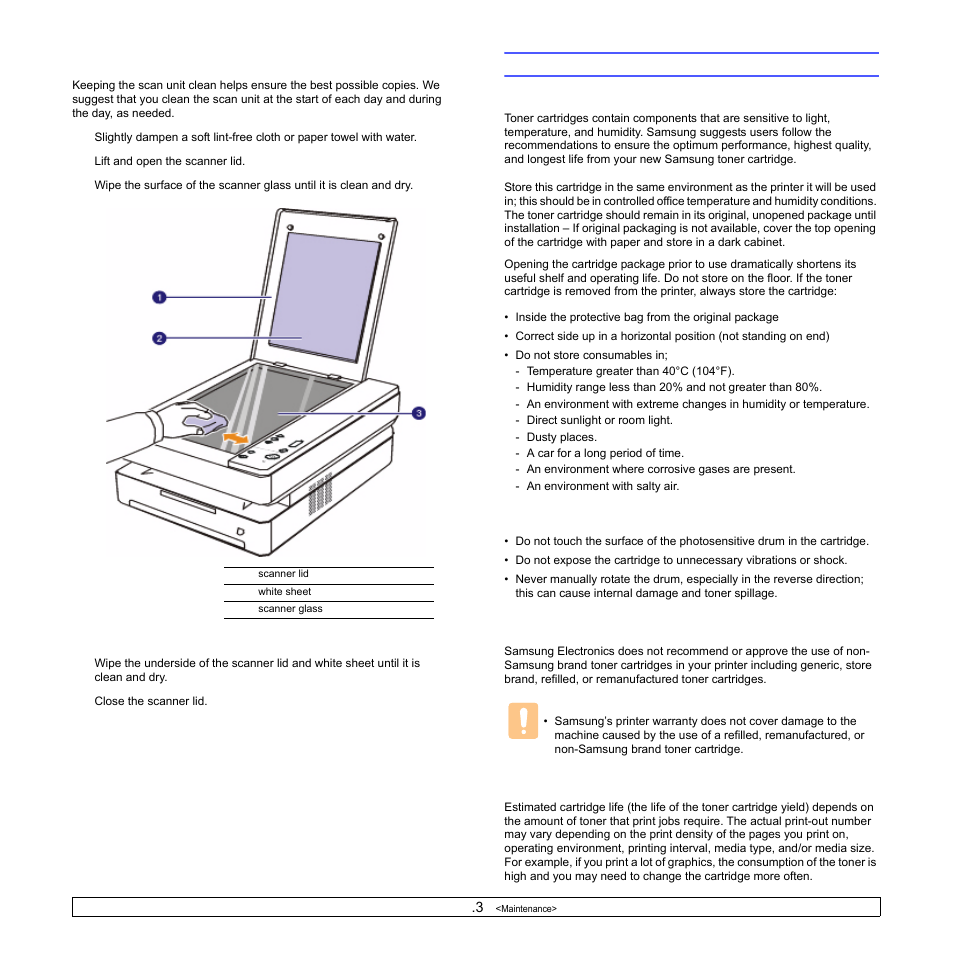 Cleaning the scan unit, Maintaining the cartridge, Toner cartridge storage | Handling instructions, Use of non-samsung and refilled toner cartridge, Estimated cartridge life | Samsung SCX-4500W-XAA User Manual | Page 43 / 112