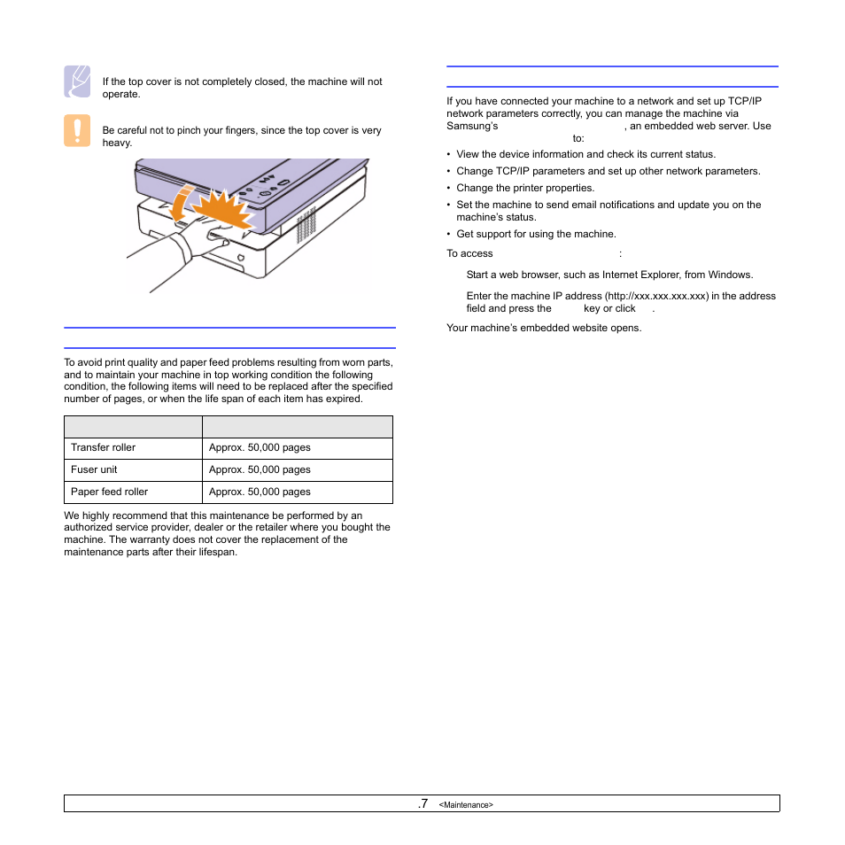 Maintenance parts, Managing your machine from the website | Samsung SCX-4500W-XAA User Manual | Page 47 / 112