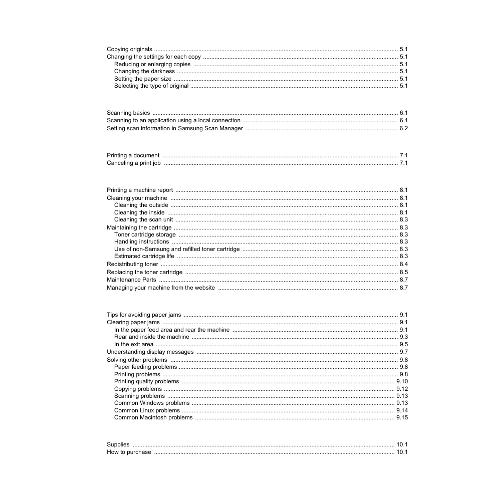 Copying, Scanning, Basic printing | Maintenance, Troubleshooting, Ordering supplies and accessories | Samsung SCX-4500W-XAA User Manual | Page 6 / 112