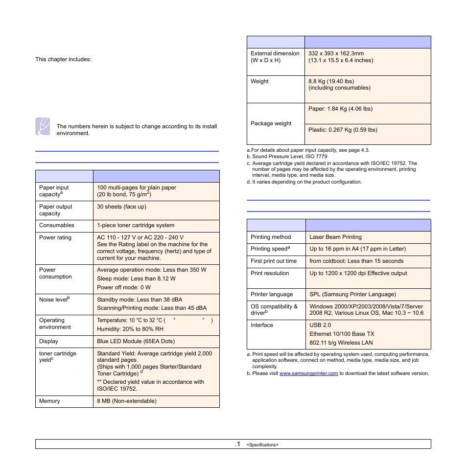 Specifications, General specifications, Printer specifications | General specifications printer specifications | Samsung SCX-4500W-XAA User Manual | Page 64 / 112