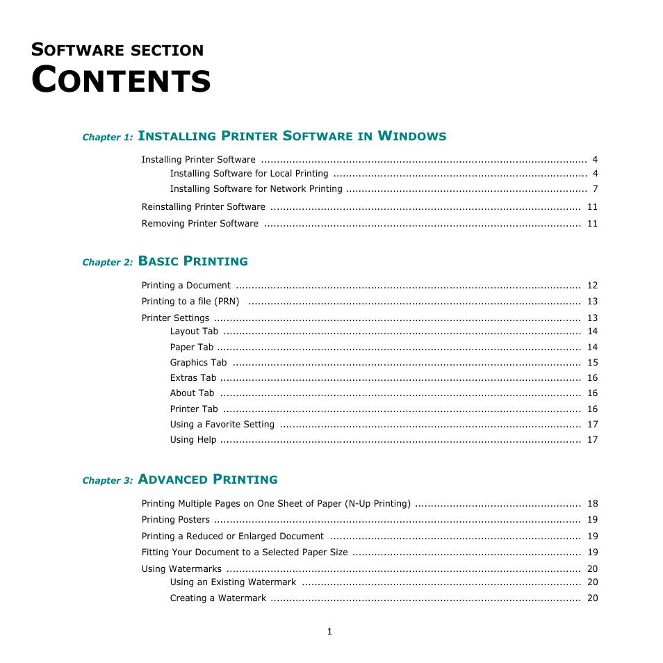 Software section contents, Ontents | Samsung SCX-4500W-XAA User Manual | Page 69 / 112