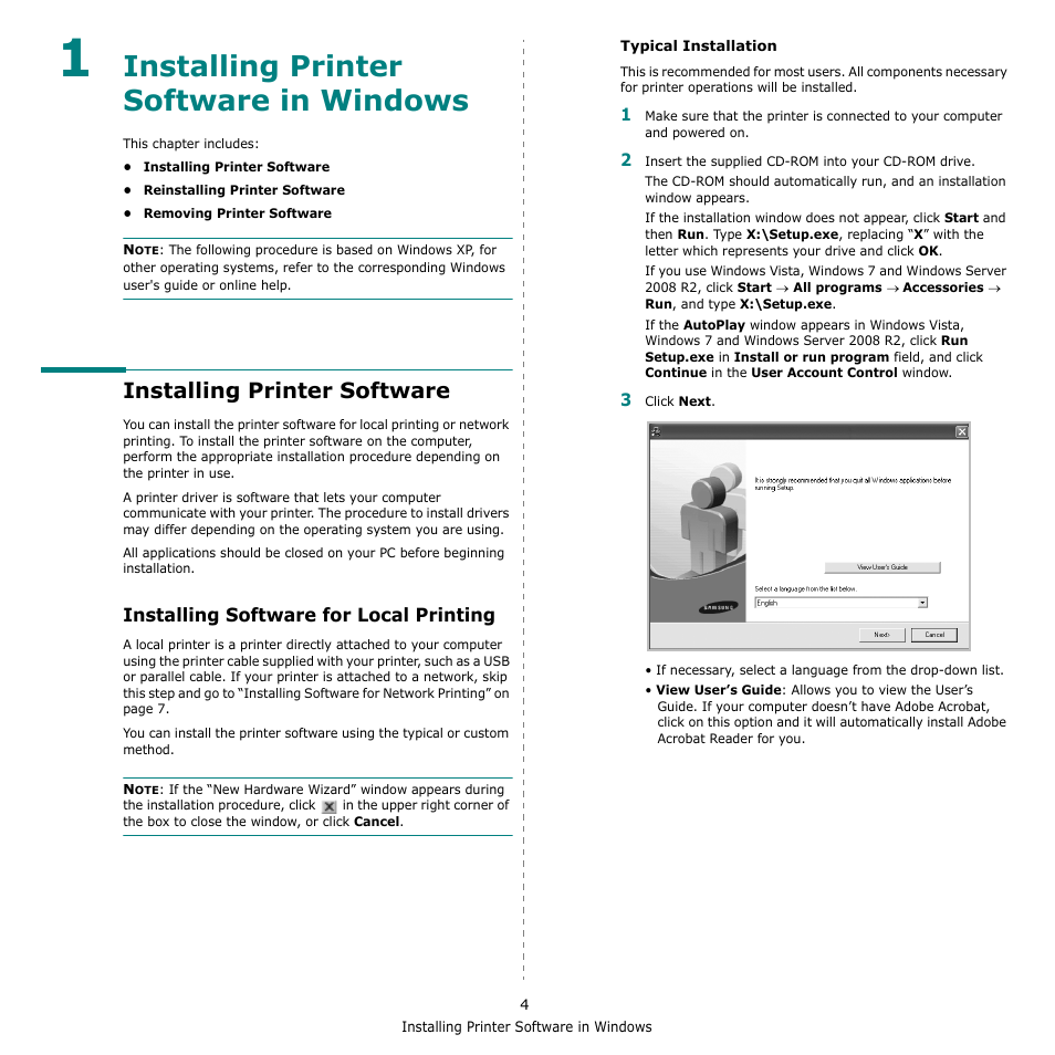 Installing printer software in windows, Installing printer software, Installing software for local printing | Chapter 1 | Samsung SCX-4500W-XAA User Manual | Page 72 / 112