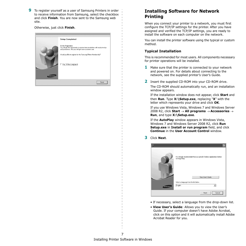 Installing software for network printing | Samsung SCX-4500W-XAA User Manual | Page 75 / 112
