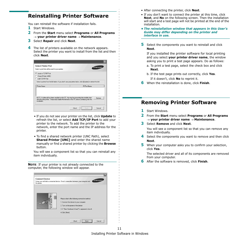 Reinstalling printer software, Removing printer software | Samsung SCX-4500W-XAA User Manual | Page 79 / 112