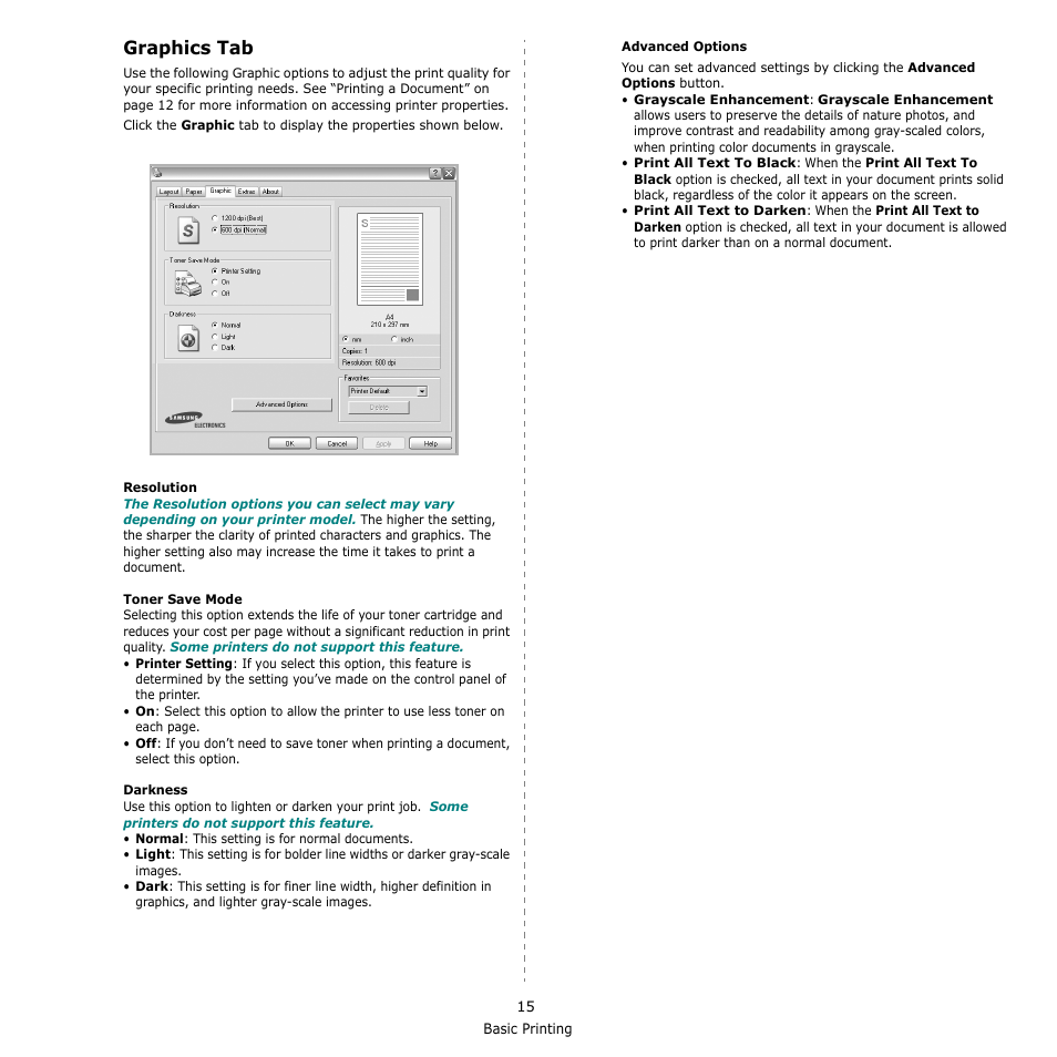Graphics tab | Samsung SCX-4500W-XAA User Manual | Page 83 / 112