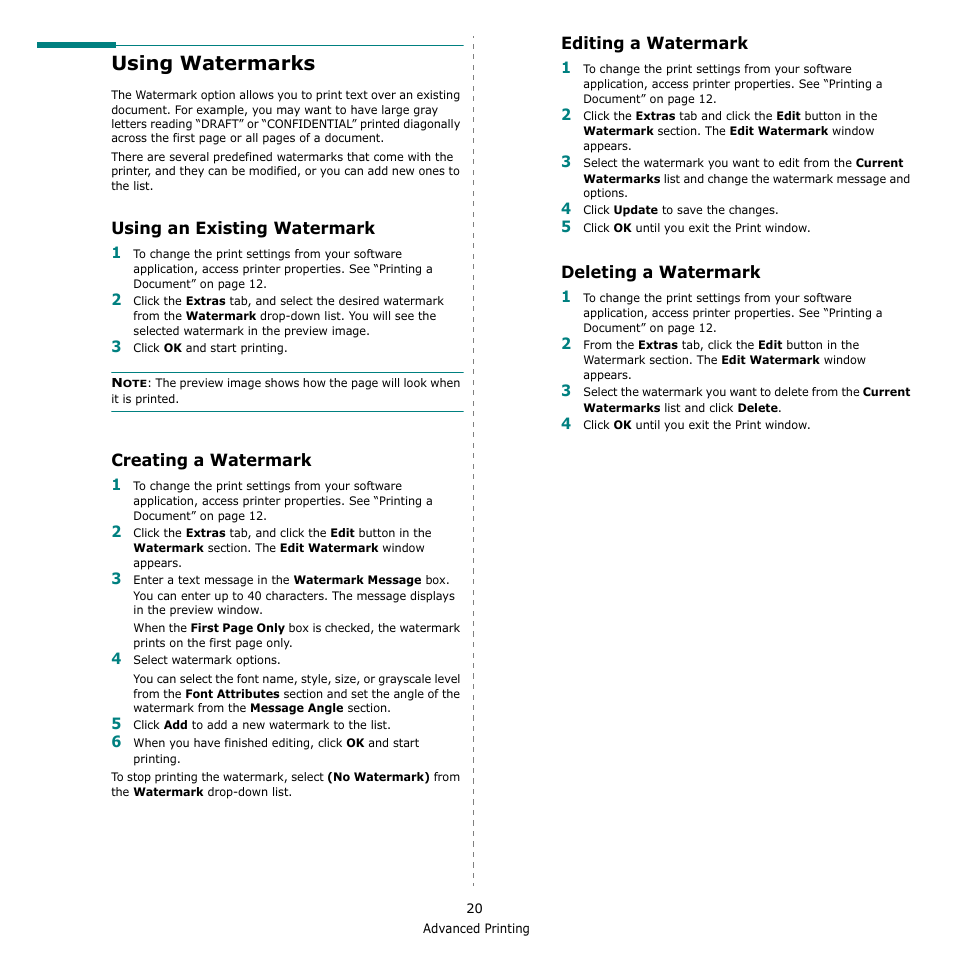 Using watermarks, Using an existing watermark, Creating a watermark | Editing a watermark, Deleting a watermark, Using an existing watermark creating a watermark, Editing a watermark deleting a watermark | Samsung SCX-4500W-XAA User Manual | Page 88 / 112